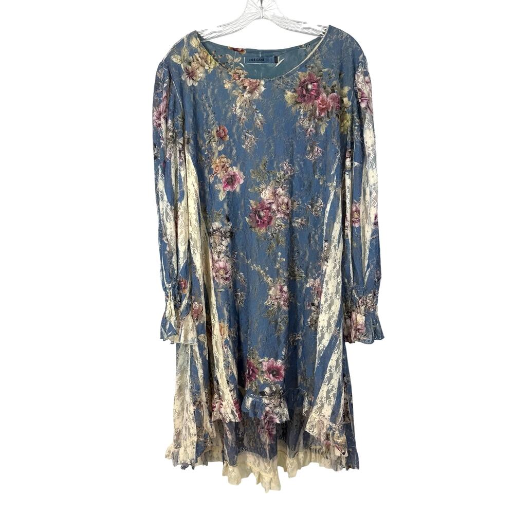 Origami by Vivien Lace Floral Dress XXL Blue Cream Long Sleeve Boho Cottagecore